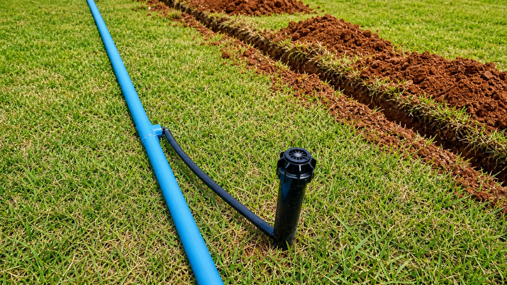 Instalação de irrigação automatizada com aspersor e tubulação no gramado em Belo Horizonte