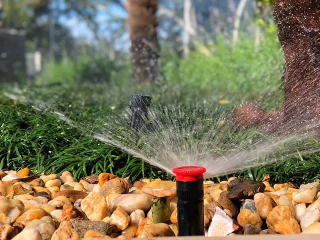 Aspersor rotativo instalado entre pedras e vegetação do jardim